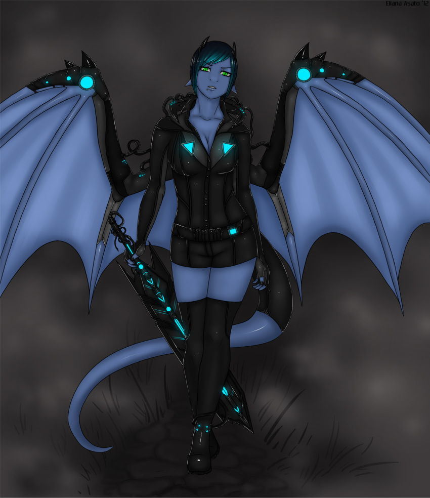 bat_wings blue_skin eliana-asato_(artist) green_eyes solo sword weapon