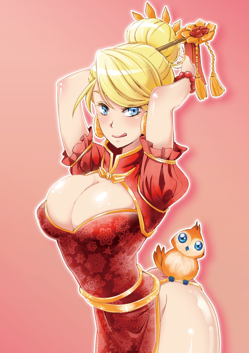 1girl :q arched_back arms_up big_breasts bird blonde_hair blush bracelet breasts bursting_breasts china_dress chinese_clothes cleavage cleavage_cutout dress earrings hair_bun hair_ornament heroes_of_the_storm highres jaina_proudmoore jewelry large_breasts menhou owl pelvic_curtain pepe_(wow) pink_background qipao side_slit smile tongue tongue_out warcraft world_of_warcraft