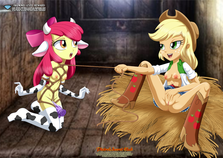 2_girls 2girls age_difference anthro apple_bloom apple_bloom_(eg) applejack applejack_(eg) barn bbmbbf bondage boots breasts cow_ears cow_girl cow_horns cow_print cowgirl equestria_girls equestria_untamed female female/female female_only fingering fingering_pussy fingering_self friendship_is_magic hairless_pussy hay mostly_nude my_little_pony no_bra no_panties palcomix pietro's_secret_club pussy rope rope_bondage rope_harness sex_toy shibari spread_legs tied young_adult yuri