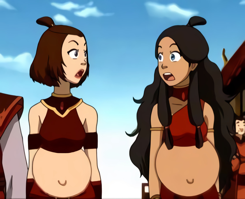 2_girls avatar:_the_last_airbender black_hair blue_eyes brown_hair female_only jtng23 katara long_hair looking_at_another photoshop pregnant pregnant_belly pregnant_female sexy suki surprised take_your_pick