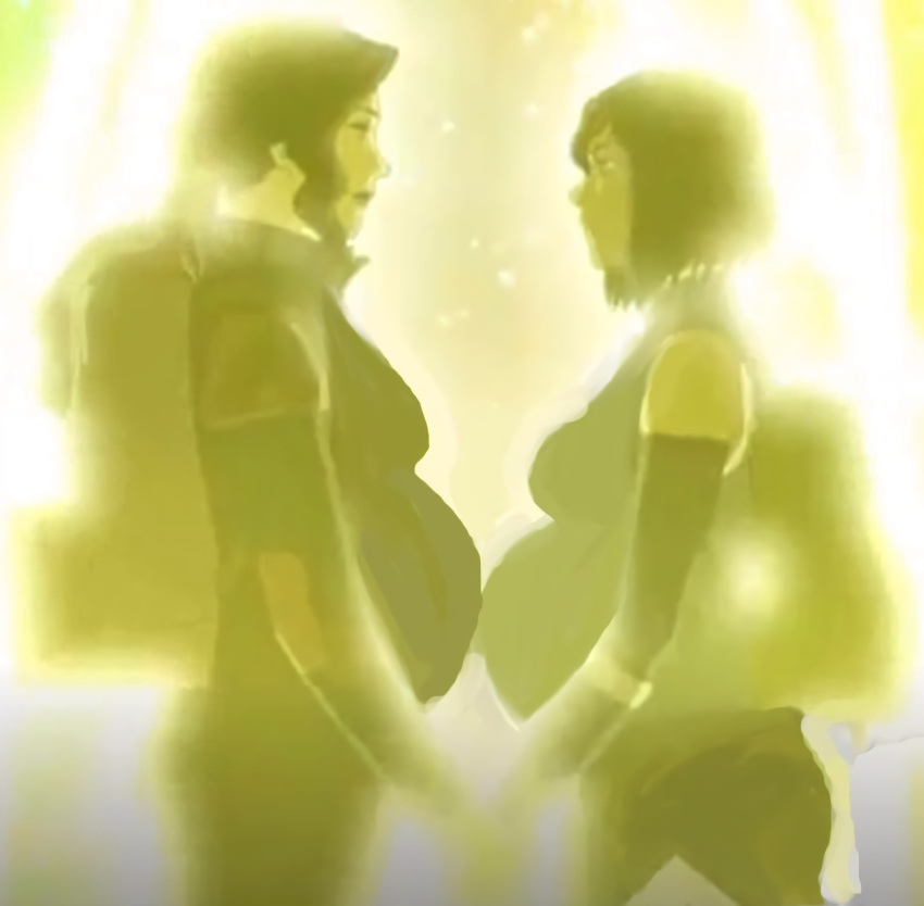 2_girls asami_sato black_hair blue_eyes brown_hair green_eyes holding_hands jtng23 korra photoshop pregnant pregnant_belly pregnant_female sexy take_your_pick the_legend_of_korra wife_and_wife yuri