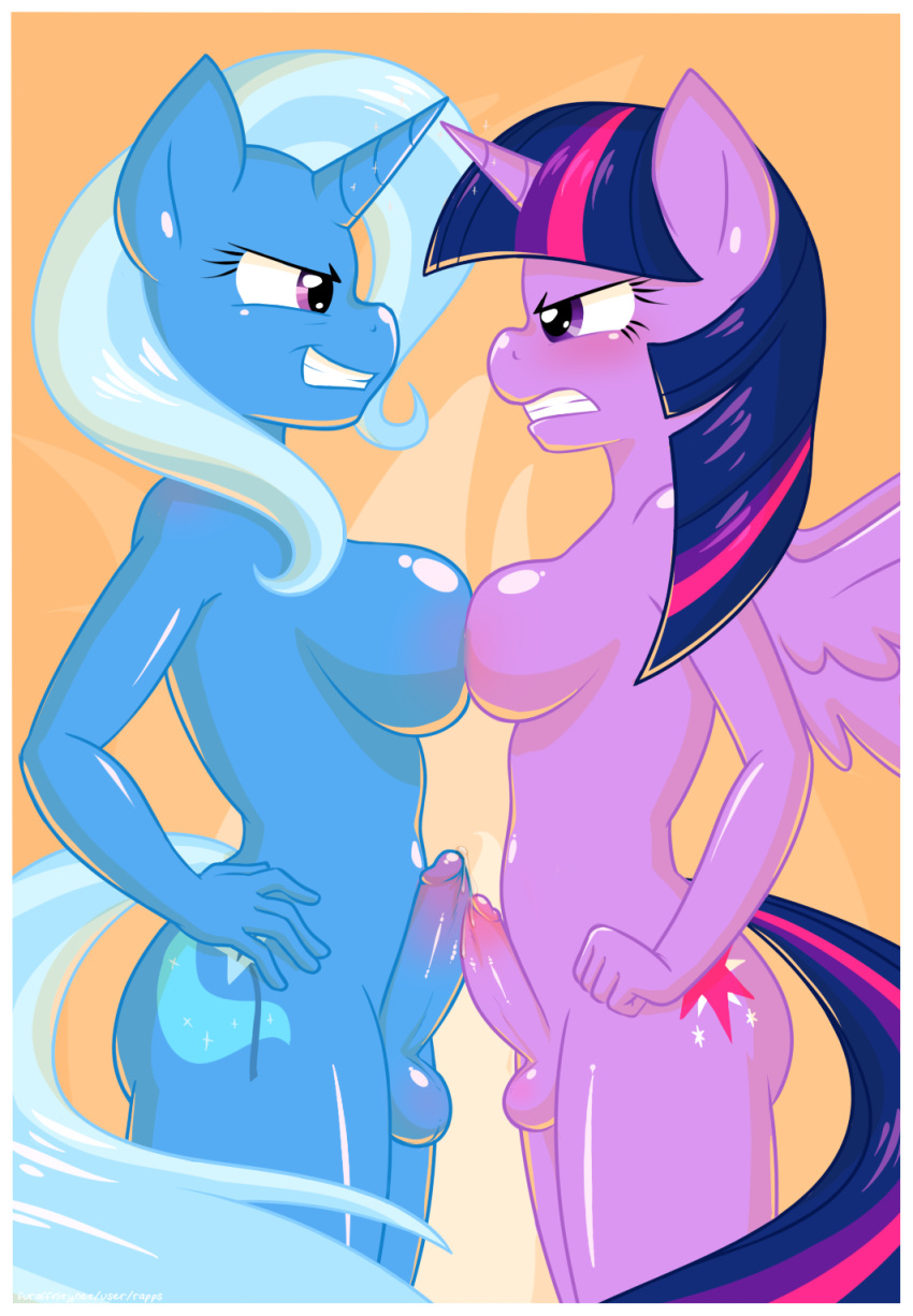 2016 angry anthro big_breasts blue_hair blue_skin blush breast_squish breasts cutie_mark duo equine erection feathers friendship_is_magic furry futanari hair highres horn humanoid_penis long_hair mammal multicolored_hair my_little_pony nude penis pink_hair precum purple_eyes purple_feathers purple_hair purple_skin rapps standing teeth testicles trixie twilight_sparkle unicorn white_hair winged_unicorn wings