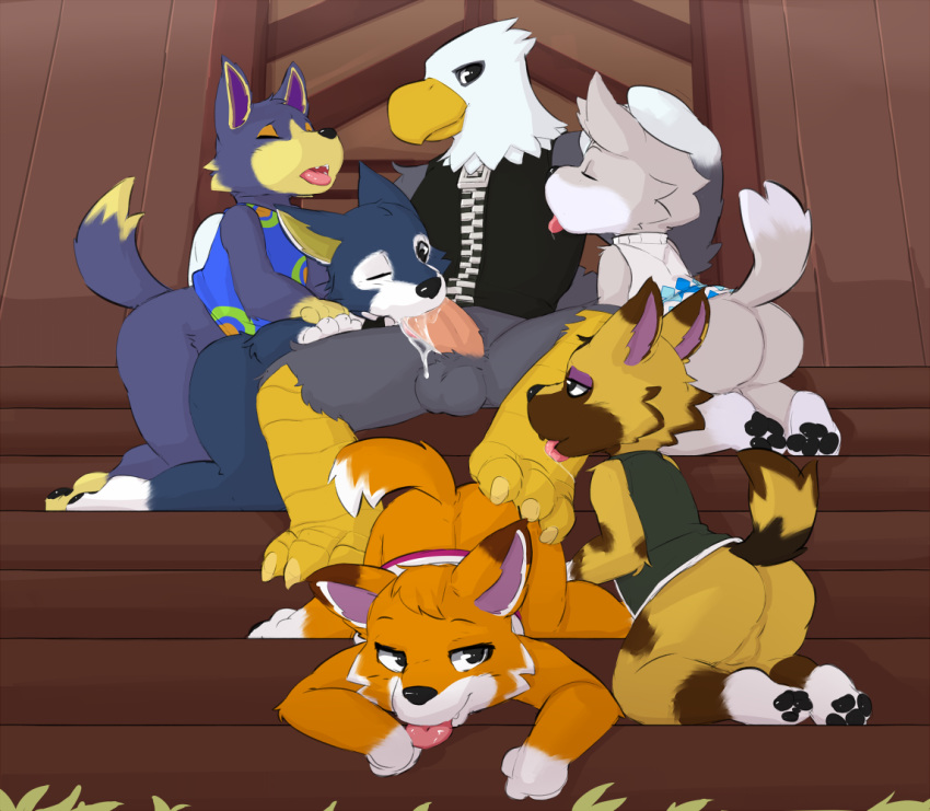 6boys anal animal_crossing anthro anthro/anthro anthro_only apollo_(animal_crossing) avian bent_over bird bottomless canine chief_(animal_crossing) cum cum_in_mouth cum_inside digital_media_(artwork) eagle erection fang_(animal_crossing) fellatio from_behind_position furry group group_sex harem interspecies kneeling kyle_(animal_crossing) lobo_(animal_crossing) male male/male male_anthro mammal multiple_boys nintendo oral oral_penetration orgy penetration penis seth-iova sex sitting testicles top-down_bottom-up video_games wolf wolfgang_(animal_crossing) worship yaoi