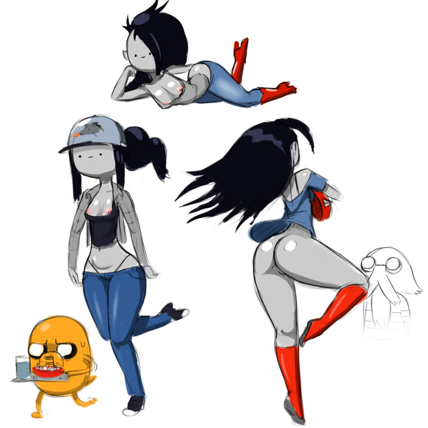 adventure_time anus ass big_ass black_hair breasts gray_impact grey_skin jake_the_dog long_hair looking_at_viewer marceline nipples pale_skin pussy small_breasts undead vampire white_background