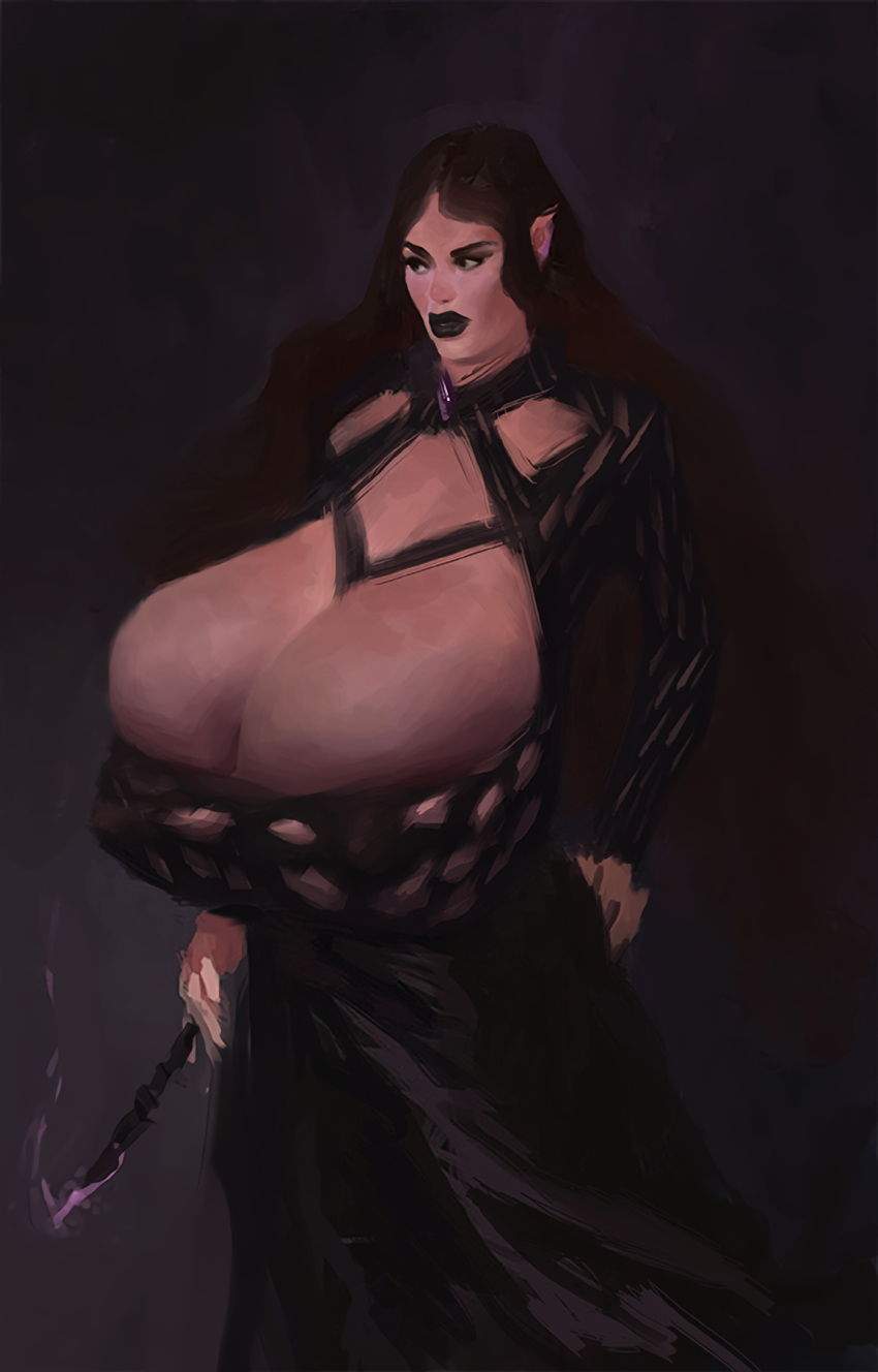 black_dress black_eyes black_hair brown_hair gigantic_breasts long_hair looking_to_the_side milf pointy_ears sexy sexy_ass sexy_breasts wand witch-bitch_art