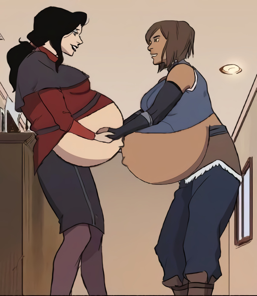 asami_sato black_hair blue_eyes brown_hair green_eyes holding_hands jtng23 korra photoshop pregnant pregnant_belly pregnant_female take_your_pick the_legend_of_korra wife_and_wife yuri