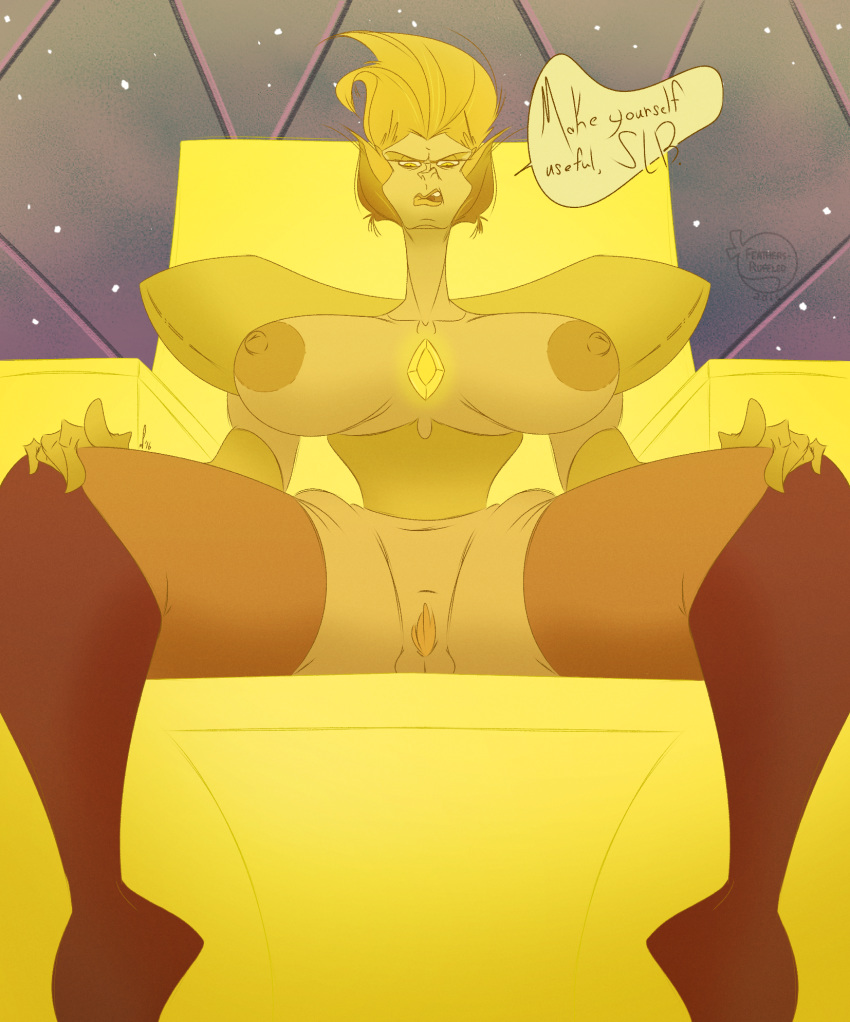 big_breasts boots breasts cartoon_network crystal_gems domination feathers-ruffled gem looking_at_viewer pubic_hair pussy sitting steven_universe text thick thighs throne yellow_diamond yellow_diamond_(steven_universe) yellow_eyes yellow_hair yellow_skin