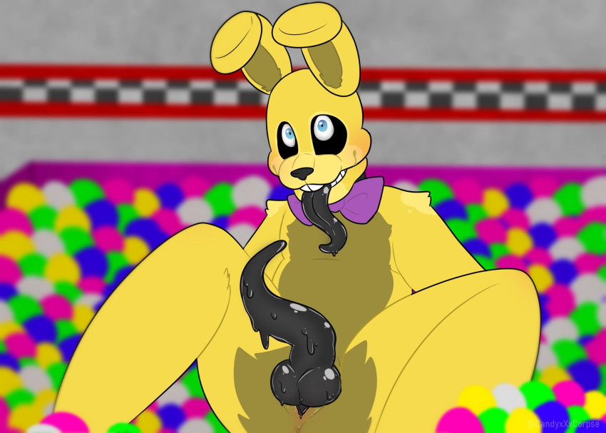 2020 :3 animal_genitalia animatronic anthro ball ball_pit big_ears black_nose black_penis black_tongue blue_eyes buckteeth checkered_wall erection five_nights_at_freddy's five_nights_at_freddy's:_fazbear_frights five_nights_at_freddy's_into_the_pit fur gay genital_slit genitals hi_res inside knot lagomorph leporid long_ears long_penis long_tongue machine male mammal multicolored_body multicolored_face nude oddly_cute penis pittrap_(fnaf) presenting presenting_penis purple_bow rabbit restaurant robot sitting slime slit solo spread_legs spreading spring_bonnie tapering_penis teeth thick_thighs tongue tongue_out twitter two_tone_body two_tone_face unusual_genitalia unusual_penis video_games yellow_body yellow_butt yellow_ears yellow_face yellow_fur