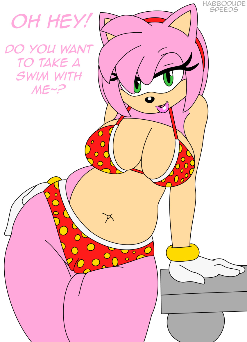 1girl 2015 2016 amy_rose anthro big_breasts bikini breasts cleavage clothed clothing furry habbodude hedgehog high_res looking_at_viewer mammal navel sega smile sonic_the_hedgehog_(series) speeds swimsuit white_background