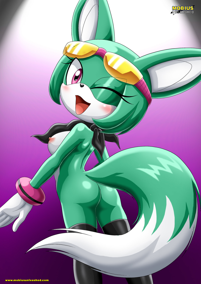 1girl animal_ears anthro archie_comics ass bbmbbf blush breasts cute fox furry gloves green_hair looking_at_viewer looking_back mobius_unleashed nipples palcomix pink_eyes sega short_hair smile sonar_the_fennec sonic_(series) sonic_the_hedgehog_(series) tail