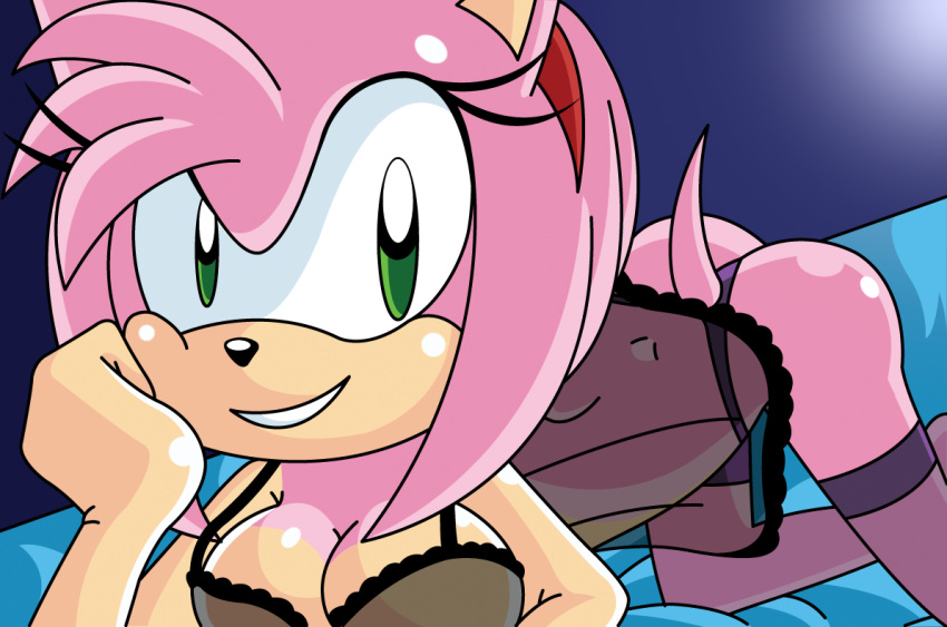 1girl amy_rose animal_ears ass bed big_breasts breasts cute furry green_eyes hair lingerie looking_at_viewer pink_hair sega short_hair smile sonic_(series) sonic_*(series) stockings tail