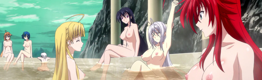 armpits asia_argento big_breasts black_hair blue_hair breasts closed_eyes hair high_resolution high_school_dxd himejima_akeno large_breasts long_hair long_image nipples nude potential_duplicate red_hair rias_gremory rossweisse screen_capture screencap shidou_irina silver_hair sitting smile stitched toujou_koneko water white_hair wide_image xenovia xenovia_(high_school_dxd)