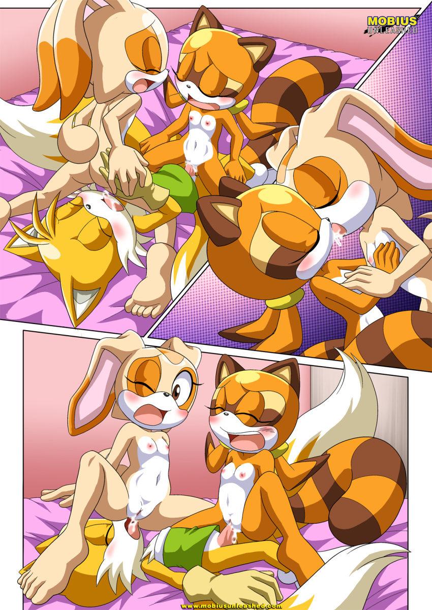 2girls bbmbbf cream_the_rabbit french_kiss furry marine_the_raccoon miles_"tails"_prower mobius_unleashed multiple_girls palcomix sega sonic_(series) sonic_the_hedgehog_(series) tagme tails_n'_cream_2
