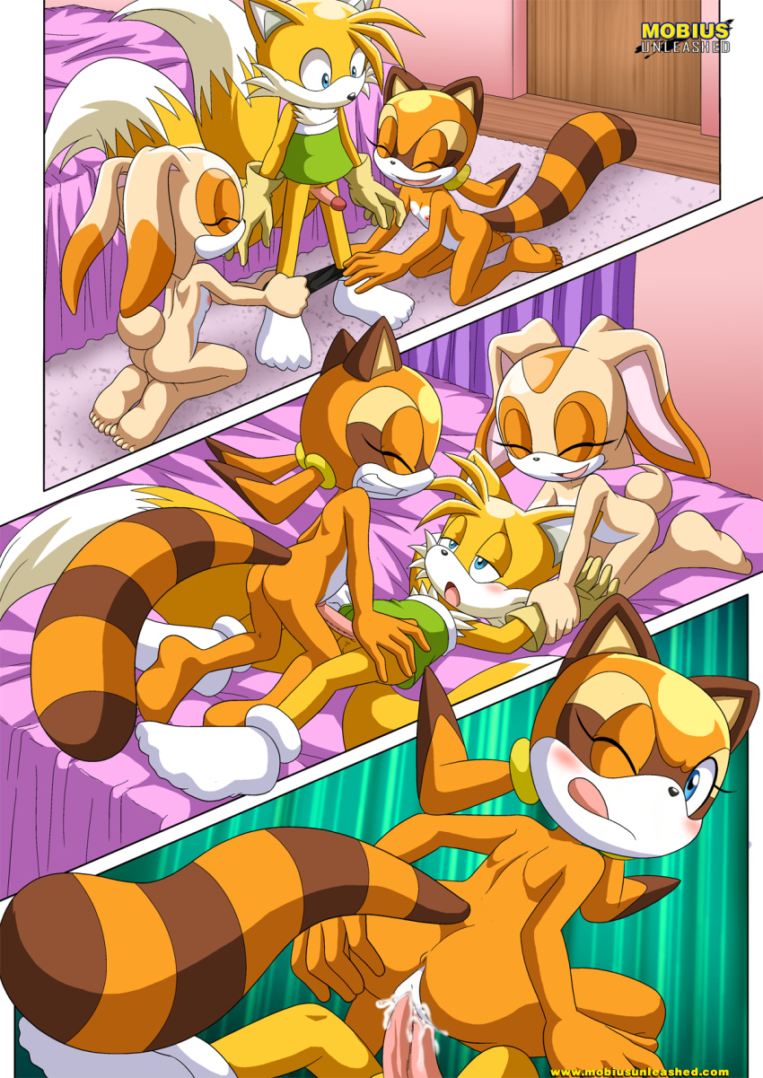 2girls bbmbbf cream_the_rabbit furry marine_the_raccoon miles_"tails"_prower mobius_unleashed multiple_girls palcomix sega sonic_(series) sonic_the_hedgehog_(series) tails_n'_cream_2 vaginal