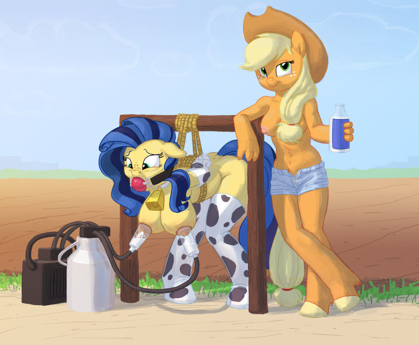 1girl 2016 absurd_res anthro anthrofied applejack_(mlp) areola ball_gag big_breasts blonde_hair bound breast_milking breasts clothed clothing cowbell duo earth_pony equine fan_character freckles friendship_is_magic furry gag green_eyes hair hands_behind_back high_res horse lactating legwear long_hair machine mammal milking_machine milky_way_(character) multicolored_hair my_little_pony nipples outside pony shorts siansaar stockings topless two_tone_hair