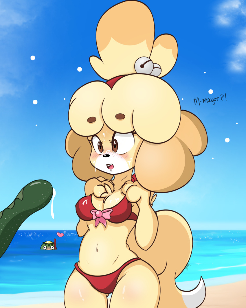 1girl 2016 animal_crossing anthro beach bikini blush brown_eyes canine clothing dog english_text fur furry high_res isabelle_(animal_crossing) kapp'n male mammal nintendo sea_cucumber seaside suggestive suggestive_food swimsuit text video_games yellow_fur zombies-pudding
