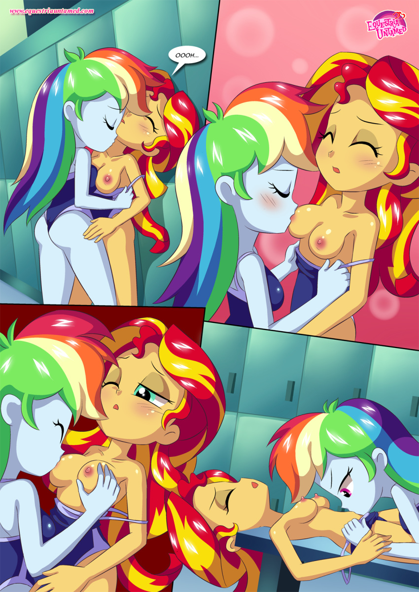 2_girls 2girls comic equestria_girls equestria_untamed friendship_is_magic humanized kissing_neck multiple_girls my_little_pony nipple_suck one-piece_swimsuit physical_education rainbow_dash rainbow_dash_(mlp) sunset_shimmer sunset_shimmer_(eg) swimsuit swimsuit_pull undressing yuri