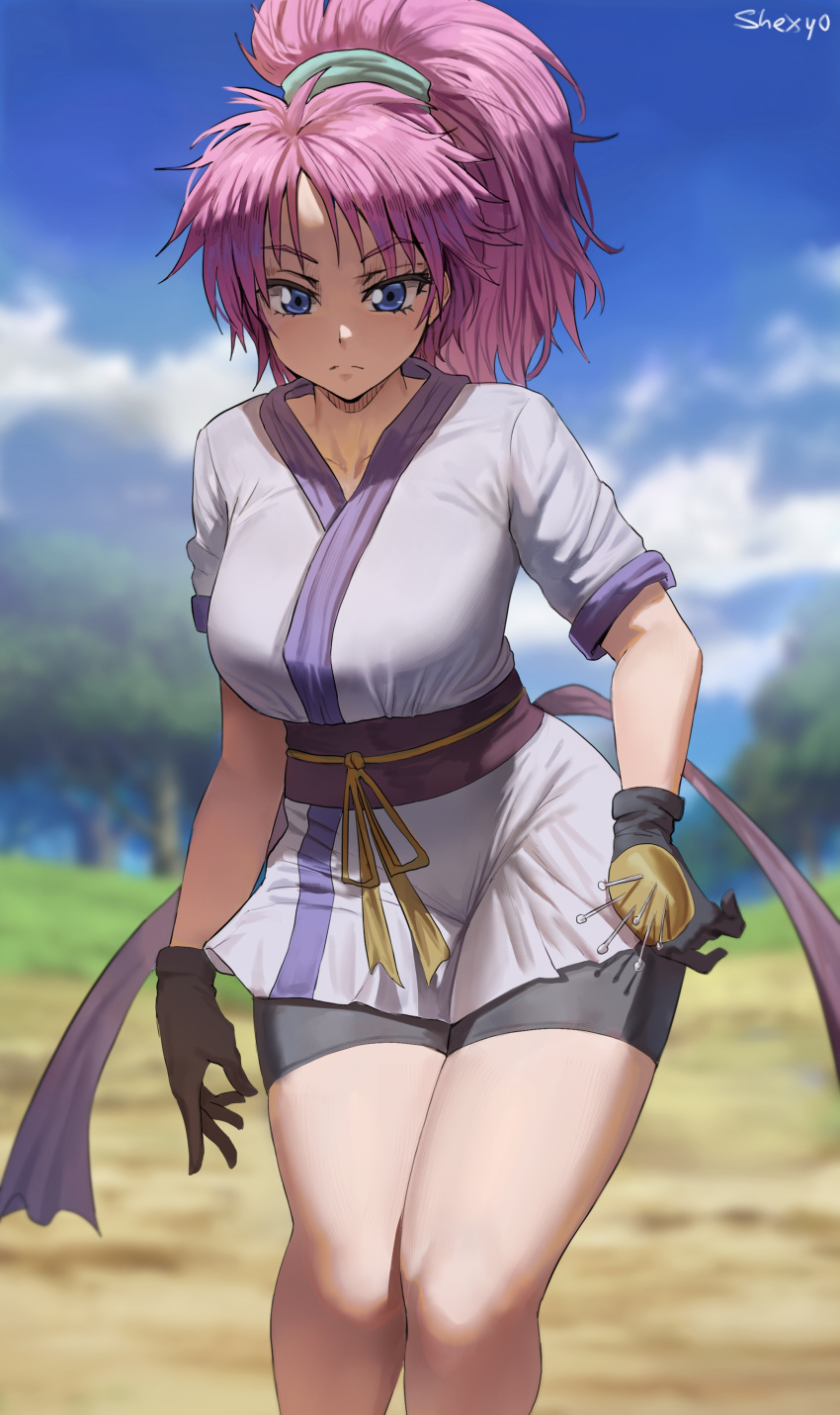 1girl 2021 artist_signature bare_legs big_breasts bike_shorts blue_eyes breasts female_focus female_only high_res hunter_x_hunter light_blush long_legs looking_at_viewer machi_(hxh) medium_hair outside pink_hair ponytail shexyo short_shorts shorts standing thick_thighs thighs tight_clothing