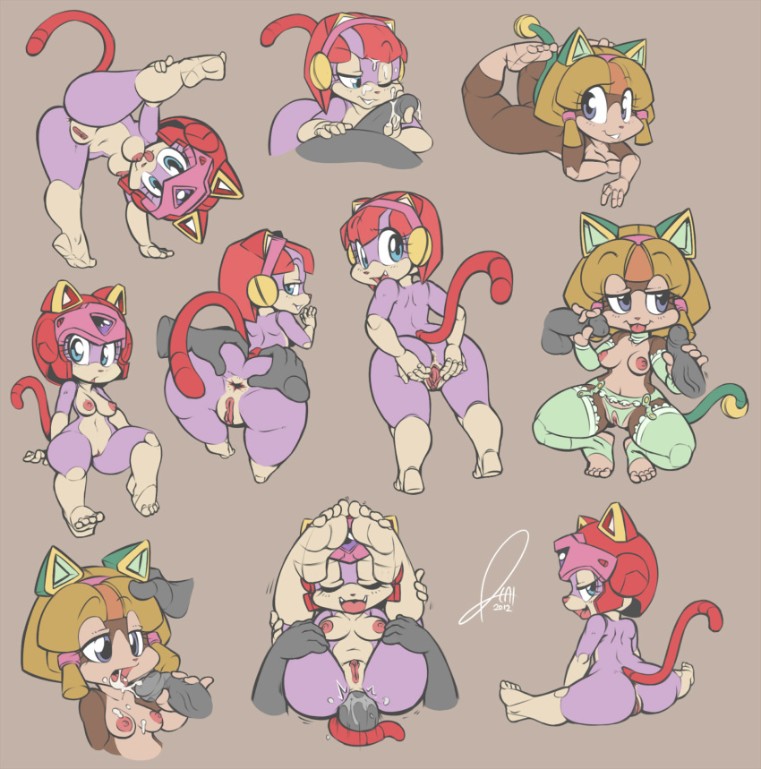 anal_penetration ass blonde_hair blue_eyes breasts cat_ears closed_eyes cum cum_in_mouth francine_manx furry handjob helmet looking_at_viewer multiple_girls nipples penis pizzacat polly_esther purple_eyes pussy red_hair samurai_pizza_cats semen short_hair smile spread_legs tail