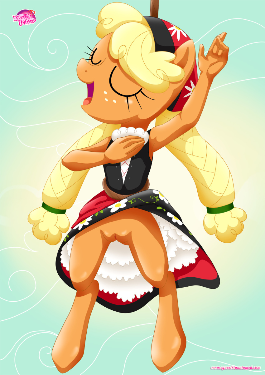 1girl anthro applejack applejack_(mlp) bbmbbf bottomless closed_eyes clothed dress dress_lift equestria_untamed female female_anthro friendship_is_magic hasbro humanized humanoid mlp mlp:fim mlp_fim mlpeg mlpfim my_little_pony my_little_pony:_equestria_girls my_little_pony:_friendship_is_magic my_little_pony_equestria_girls my_little_pony_friendship_is_magic my_little_pony_generation_4 no_panties palcomix pussy