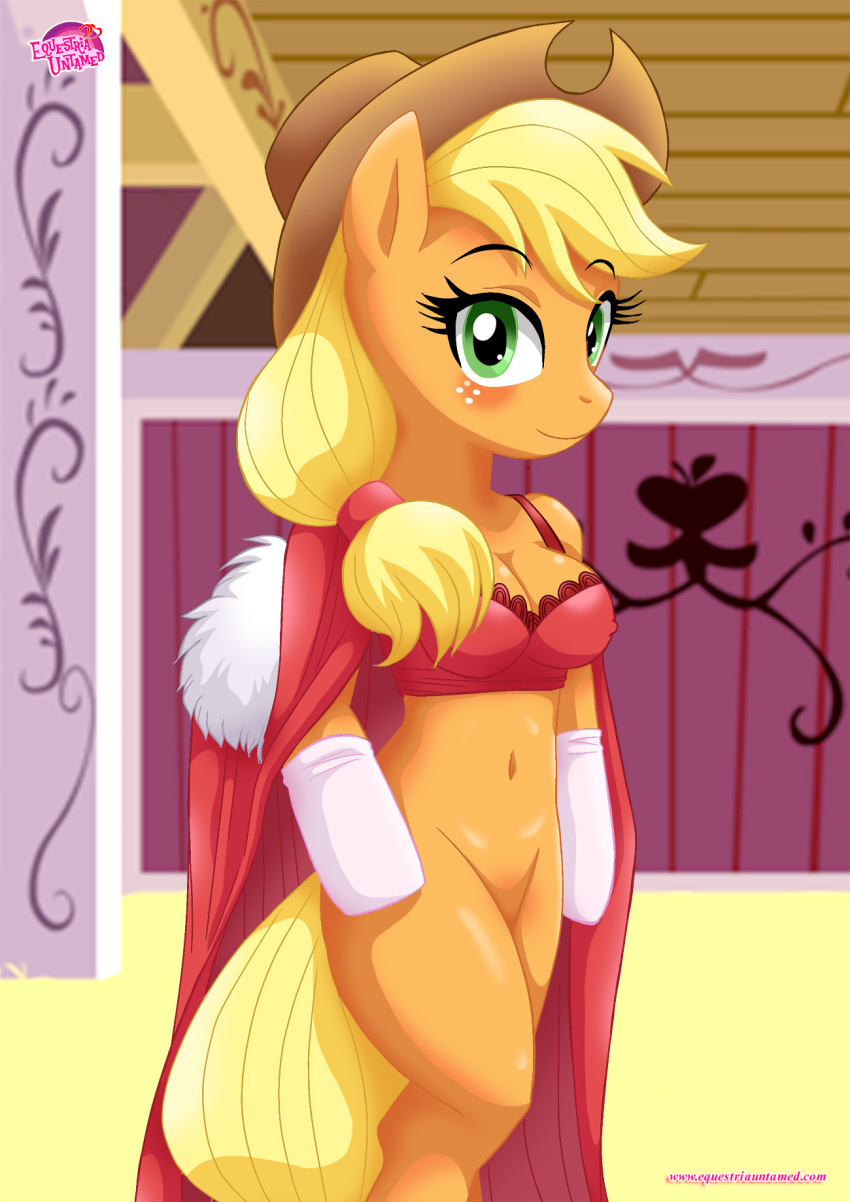 1girl applejack applejack_(mlp) bbmbbf bra breasts cape equestria_untamed female friendship_is_magic green_eyes looking_at_viewer mostly_nude my_little_pony no_panties palcomix tagme