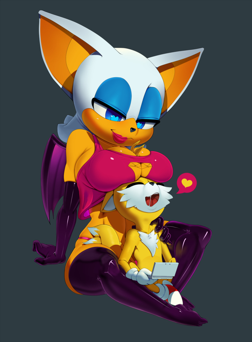 1girl anthro bat big_breasts blue_eyes boob_hat breasts canine cleavage closed_eyes clothed clothing duo footwear fox furry heart heart-shaped_pupils highres lipstick male mammal miles_"tails"_prower multi_tail open_mouth rouge_the_bat rubber sega shoes simple_background sitting sonic_the_hedgehog_(series) speech_bubble theboogie wings