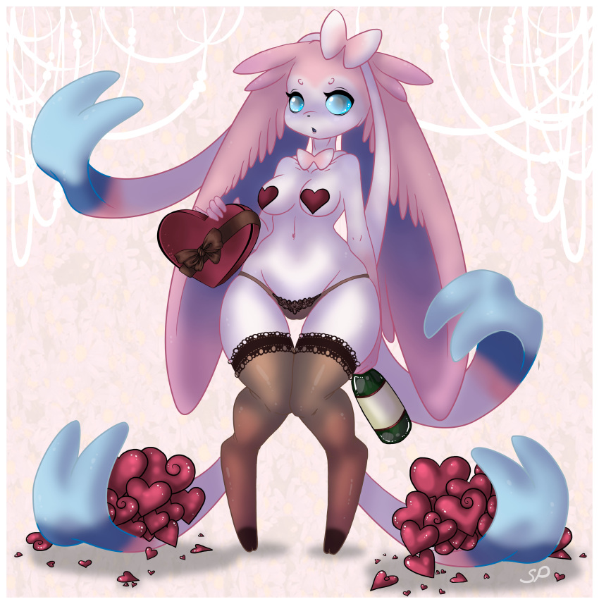 1girl absurd_res anthro anthrofied areola beer_bottle beverage blue_eyes breasts canine cute drunk eeveelution food fur furry hair_bow hair_ribbon heart highres holidays long_ears looking_at_viewer mammal nintendo pasties pokemon pokemorph ribbons standing sylveon valentine's_day video_games white_fur x_squidpuke_x