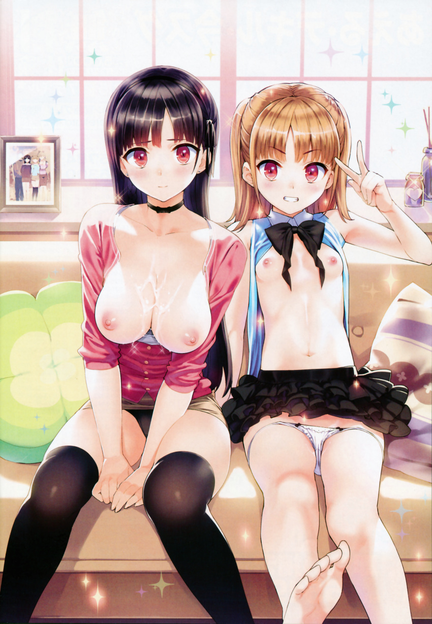 2girls absurdres areolae barefoot black_hair black_legwear black_panties blonde blonde_hair blush breasts brown_eyes choker couch cum cum_on_body cum_on_breasts cum_on_upper_body feet flat_chest grin hair high_resolution highres large_filesize long_hair long_legs looking_at_viewer multiple_girls nipples ootomo_takuji original panties pettanko photo_(object) pillow semen_on_body semen_on_breasts semen_on_upper_body short_hair sitting small_breasts smile soles sparkle stockings thighhighs toes underwear v v_arms very_high_resolution white_panties window