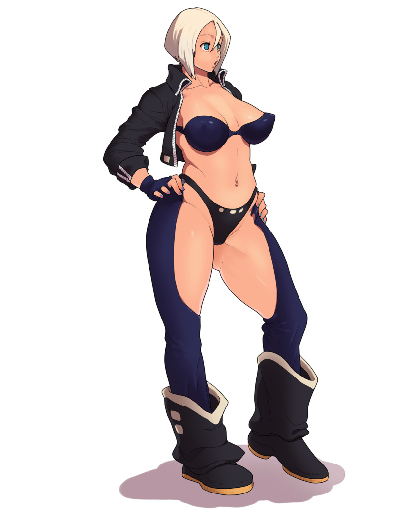 1_female 1_girl 1girl angel_(kof) bad_id bangs bikini_bottom blue_eyes boots bra breasts chaps cropped_jacket dracul erect_nipples female female_only fingerless_gloves gloves hands_on_hips highres jacket king_of_fighters large_breasts nail_polish navel nipples non-nude open_clothes open_jacket panties parted_bangs perky_breasts puckered_lips short_hair solo standing strapless_bra the_king_of_fighters underwear white_hair
