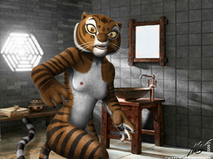 3d 3d_(artwork) breasts caught kung_fu_panda looking_at_viewer master_tigress nude protator shocked small_breasts solo surprised tiger