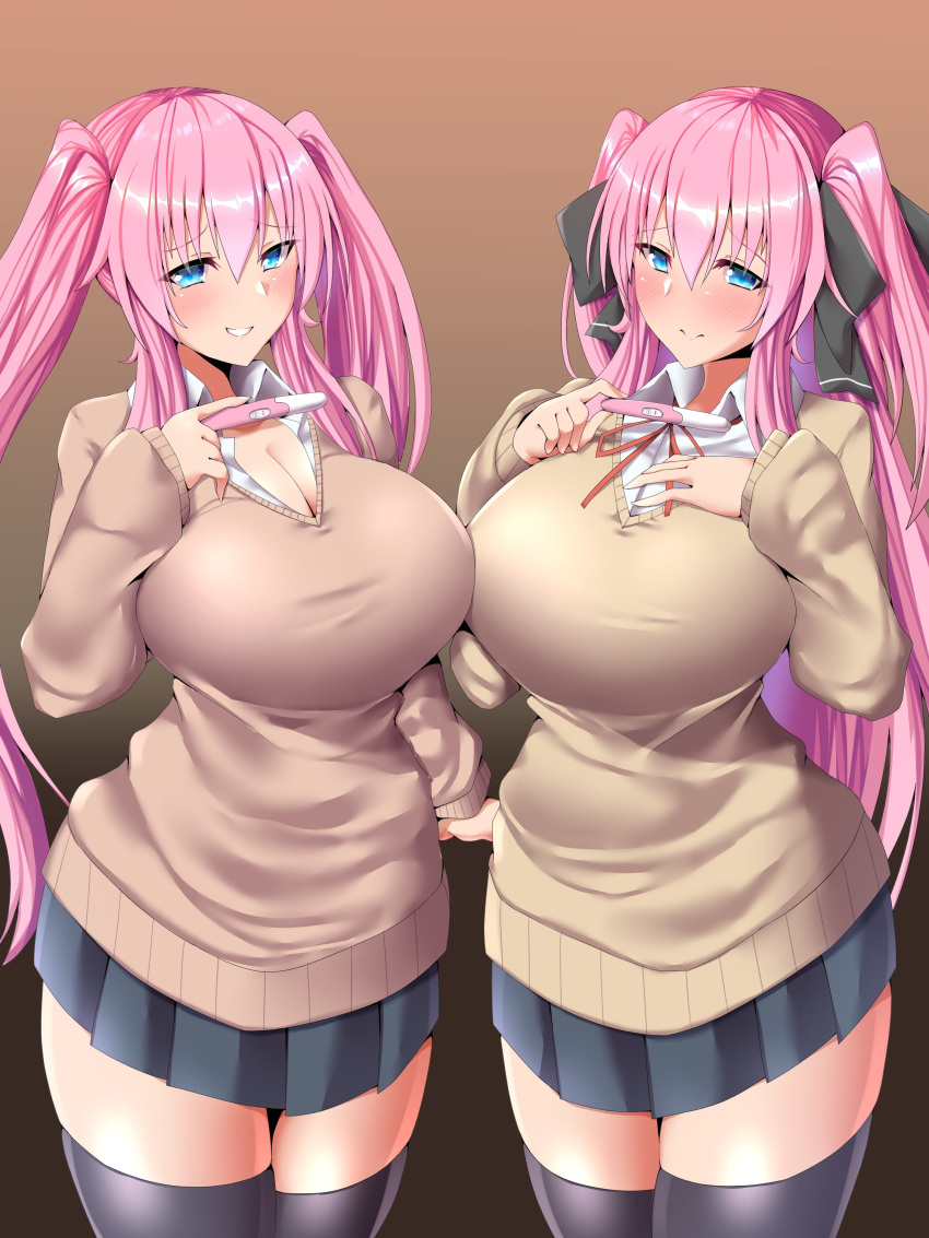 2_girls blush breasts happy huge_breasts long_hair looking_at_viewer pink_hair pregnancy_test smile thick_thighs thighs