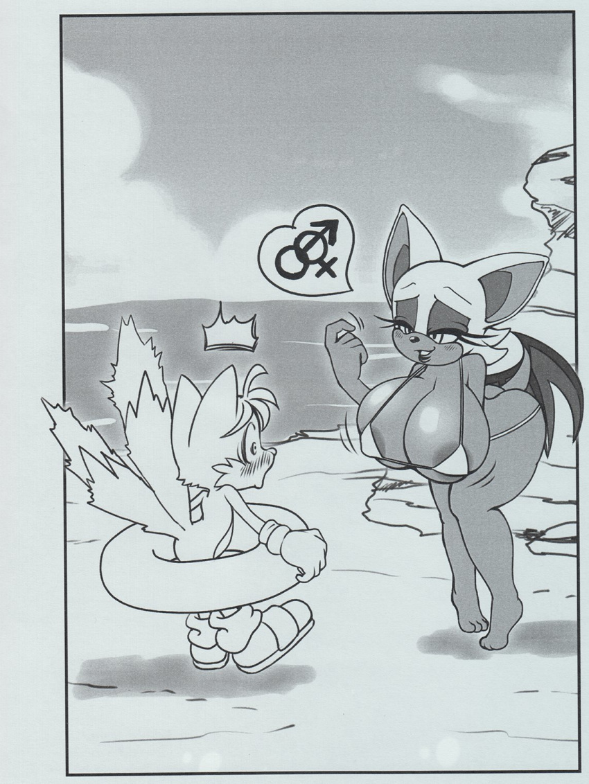 1girl 2015 age_difference anthro areola bat beach big_breasts bikini blush breasts canine cleavage clothed clothing comic fox furry huge_breasts imminent_sex inviting larger_female male male/female mammal michiyoshi miles_"tails"_prower monochrome multi_tail older_female rouge_the_bat seaside sega size_difference smaller_male swimsuit younger_male ♀ ♂
