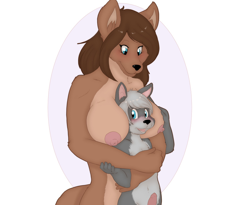 1girl age_difference anthro areola between_breasts big_breasts blush breasts canine cub dog duo erection fur furry hair highres holding_(disambiguation) hugging larger_female launny male male/female mammal milf mother_and_son nipples nude older_female open_mouth parent penis simple_background size_difference smaller_male smile son wolf young younger_male