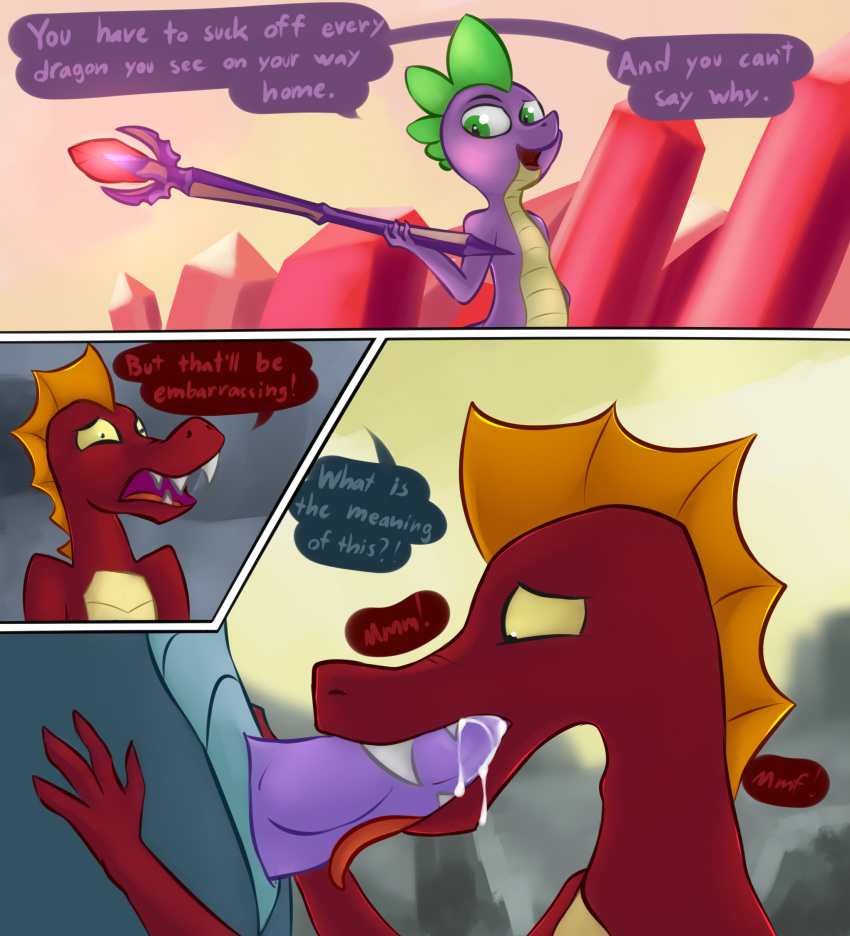 animal_genitalia anthro comic cum cum_in_mouth cum_inside dialogue dragon fellatio forced friendship_is_magic furry garble_(mlp) genital_slit high_res male male/male marsminer my_little_pony oral penis scalie sex slit spike_(mlp)