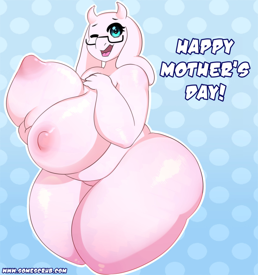 1girl 2016 anthro boss_monster breasts caprine english_text furry goat happy_mother's_day highres holidays horn huge_breasts hyper hyper_breasts large_breasts long_ears mammal mother's_day nipples nude one_eye_closed open_mouth somescrub text toriel undertale video_games