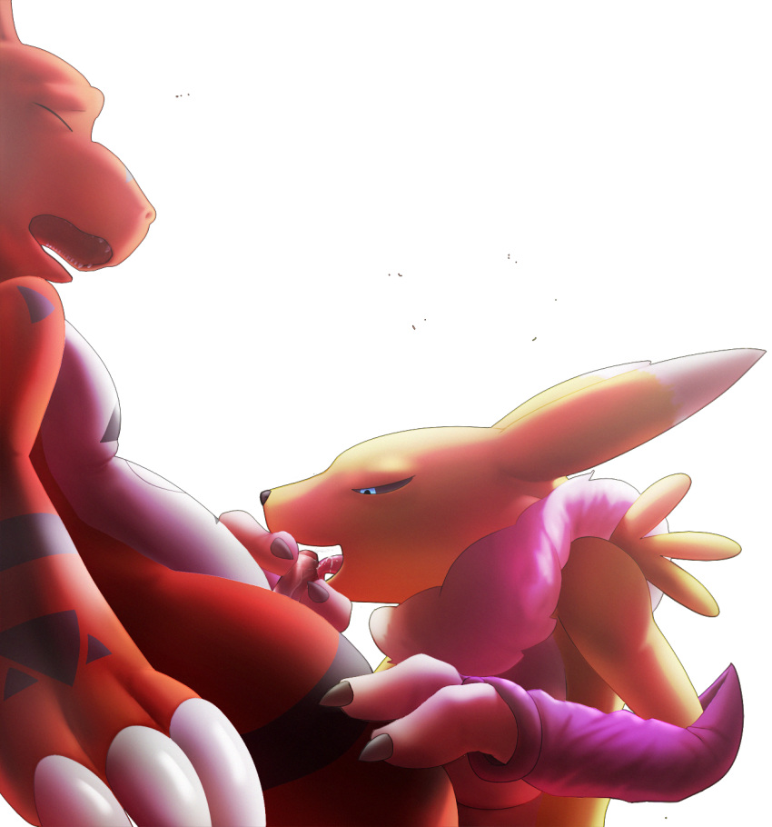 1girl alpha_channel anthro blue_eyes closed_eyes cum cum_in_mouth cum_inside digimon duo furry guilmon high_res licking male open_mouth oral orgasm renamon scalie simple_background sitting tongue tongue_out transparent_background unknown_artist