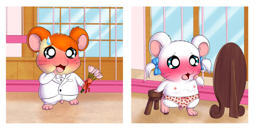 1girl bow clothed clothed_male_nude_female clothing deviantart embarrassed embarrassment enf exposed food fruit hamster hamtaro hamtaro_(series) humiliated humiliation male mammal onzeno panties pink_panties ribon-chan rodent silly strawberry sweatdrop topless underwear