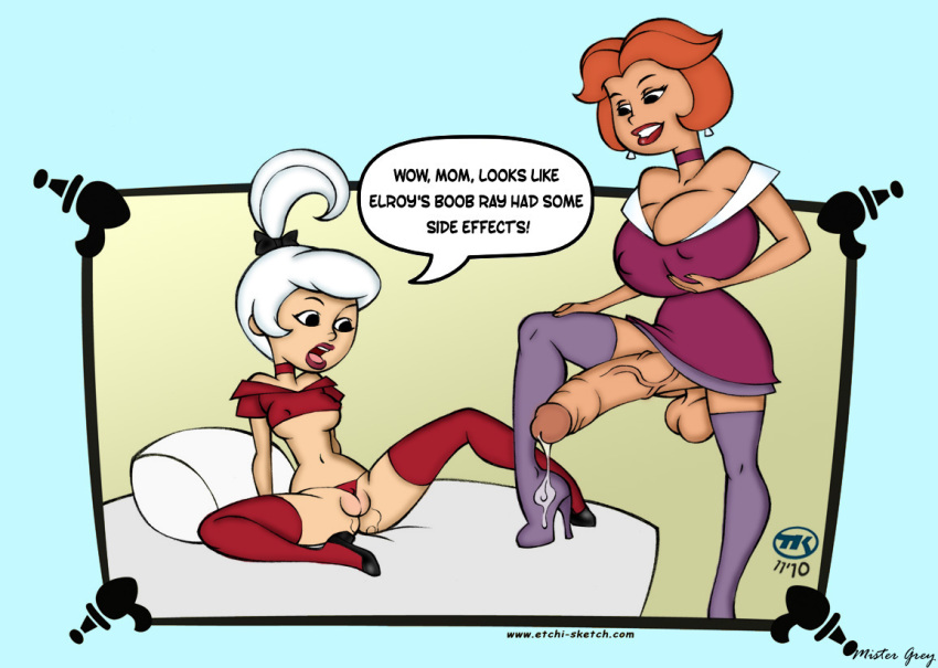 black_eyes breasts choker english_text eyebrows high_heels jane_jetson judy_jetson open_mouth penis red_choker shoes speech_bubble teeth testicles text the_jetsons thighhighs turk128 web_address web_address_without_path white_hair