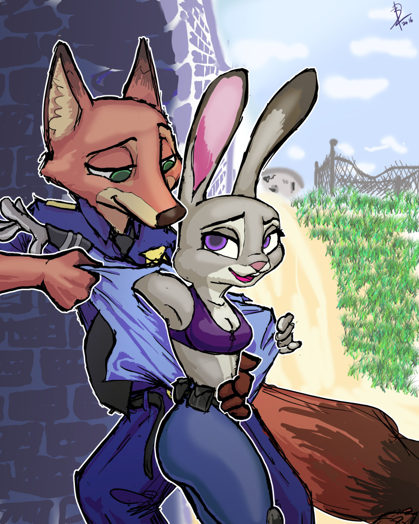 1girl 2016 absurd_res anthro armpits bra breasts buckteeth canine cleavage clothed clothing dipstick_tail disney fox furry green_eyes high_res inner_ear_fluff judy_hopps lagomorph looking_back male mammal multicolored_tail navel neck_tie nick_wilde outside police_uniform purple_eyes rabbit size_difference smile teeth threewontoo underwear undressing uniform wall zootopia