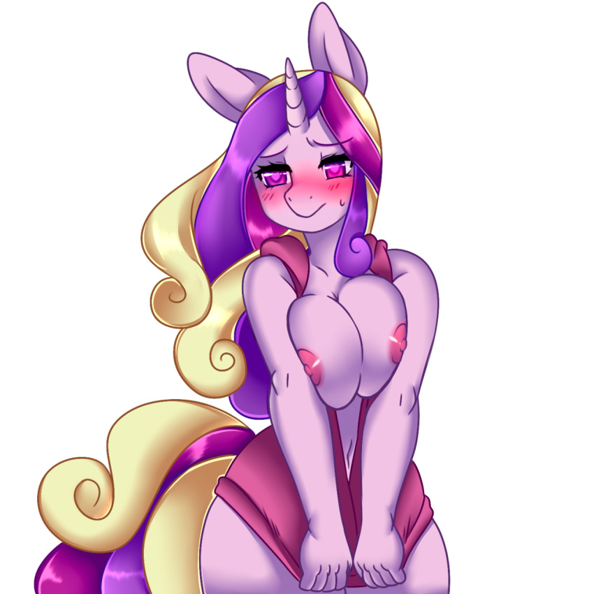 1girl 2016 alpha_channel anthro areola big_breasts blush breasts clothed clothing cute equine exposed_breasts female friendship_is_magic furry hair heart heart-shaped_pupils horn kronilix large_breasts long_hair looking_at_viewer mammal multicolored_hair my_little_pony navel nipples princess_cadance shy simple_background smile solo standing sweat transparent_background unicorn wide_hips