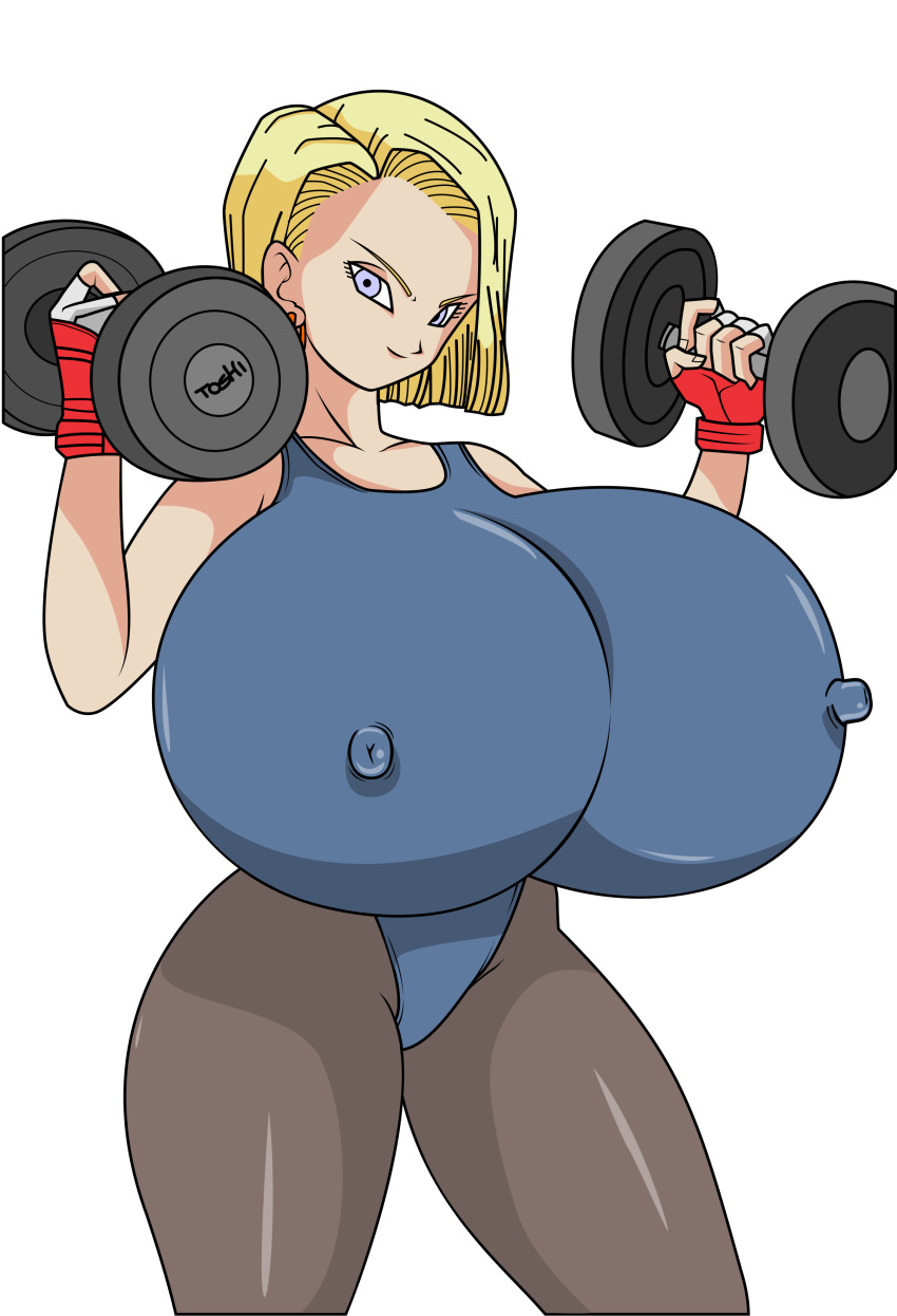 android_18 blonde_hair blue_eyes breasts dragon_ball dragon_ball_z hair huge_breasts milf toshiso_(artist)