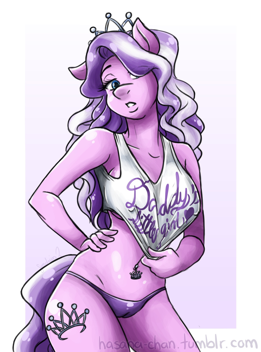 1girl 1girl 2016 anthro anthrofied blue_eyes breasts cameltoe clothed clothing crown cutie_mark diamond_tiara_(mlp) earth_pony equine friendship_is_magic furry hair hasana-chan horse long_hair looking_at_viewer mammal midriff my_little_pony panties pony simple_background standing tiara underwear white_background