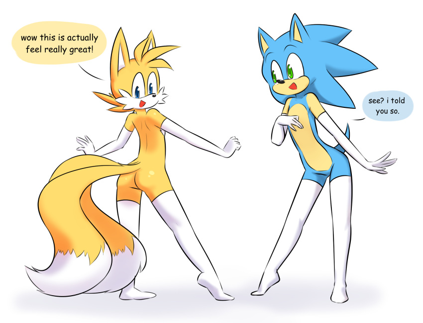 2016 anthro ass blue_fur canine clothing dialogue duo elbow_gloves english english_text featureless_crotch fox fur furry girly gloves green_eyes hedgehog high_res legwear looking_back male mammal miles_"tails"_prower multi_tail plantigrade sega simple_background socks sonic_the_hedgehog sparkydb standing stockings text white_background