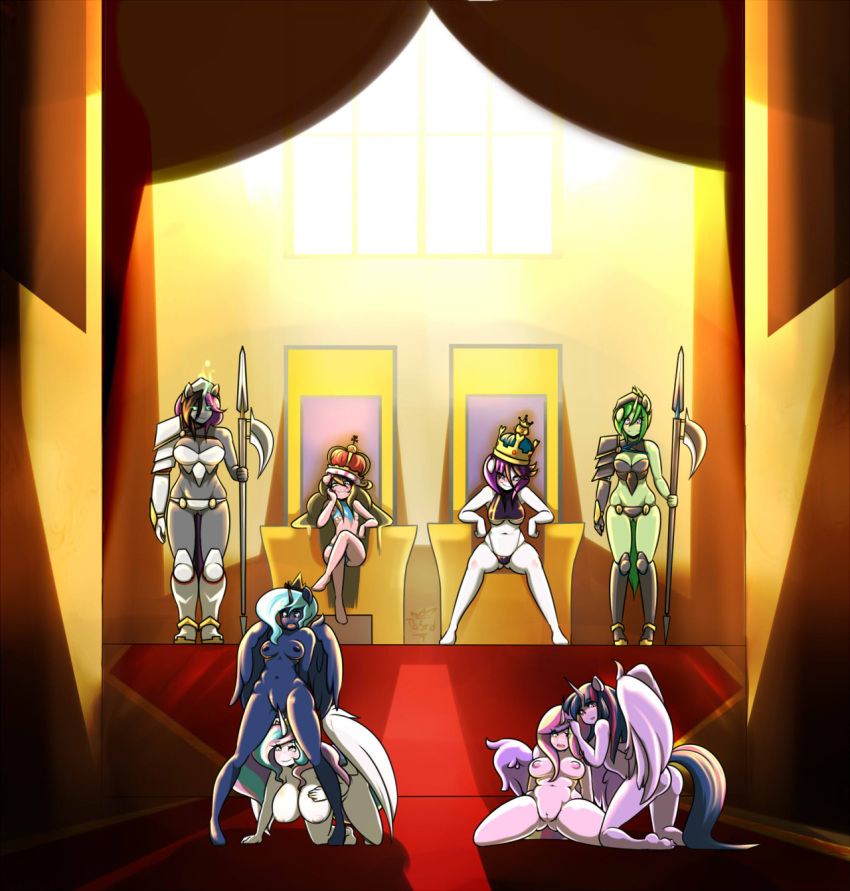 2015 6+girls anthro areola armor ass aura_spark blush breasts chair crown da3rd detailed_background equine fan_character friendship_is_magic furry group high_res horn horse inside kneeling large_breasts long_hair looking_at_viewer mammal masturbation melee_weapon multicolored_hair my_little_pony navel nipples nude penetration polearm pony princess_cadance princess_celestia princess_luna pussy sex sitting smile spear standing throne twilight_sparkle unicorn vaginal vaginal_penetration weapon winged_unicorn wings yuri