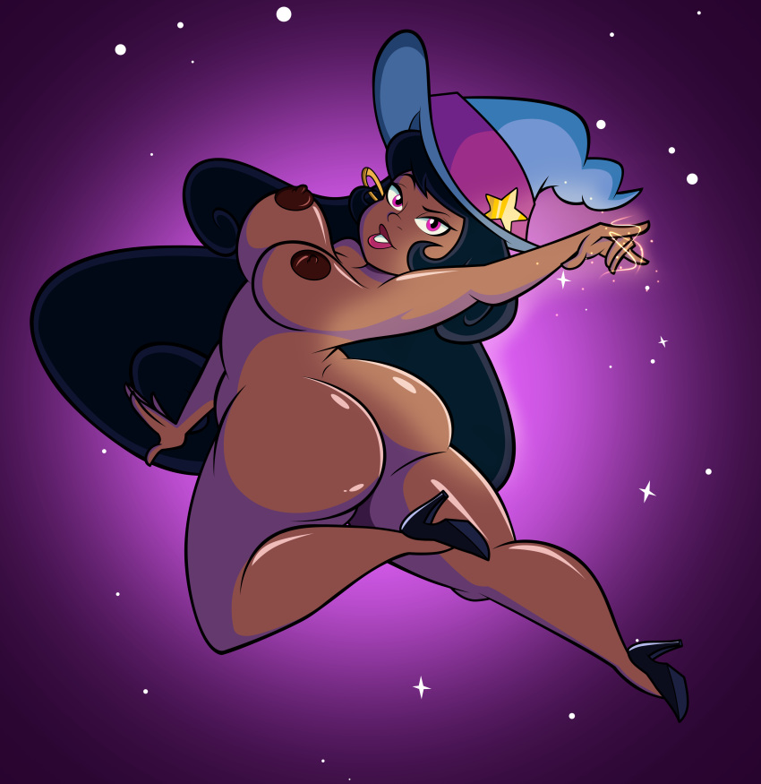 ass big_breasts black_hair breasts bubble_butt dark_skin female grimphantom grimphantom_(artist) hat large_ass magic nipples nude pink_eyes round_ass smile solo witch witch_hat