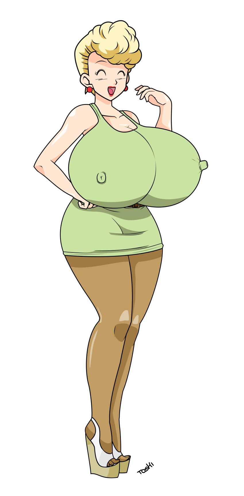 blonde_hair breasts closed_eyes cute dragon_ball dragon_ball_z female female_only gigantic_breasts milf nipples panchy_briefs solo toshiso_(artist)