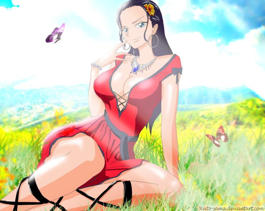 1girl arm arm_support arms art babe bare_arms bare_legs big_breasts black_hair blue_eyes bracelet breasts butterfly cleavage cloud cross-laced_clothes cross-laced_dress cross-laced_footwear dress earrings flower gem grass hair_flower hair_ornament high_res hoop_earrings jewelry legs long_hair looking_at_viewer mountain neck necklace nico_robin one_piece outside pirate red_dress reito-sama reito-sama_(artist) sapphire_(stone) sitting sky smile
