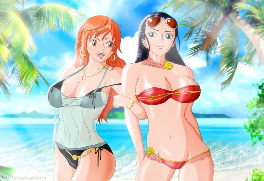 2girls arm arm_hug arms art babe bare_arms bare_legs bare_shoulders beach big_breasts bikini black_bikini black_hair black_swimsuit blue_eyes bracelet breasts brown_eyes camisole cleavage cloud earrings friends hair happy high_res hoop_earrings hugging jewelry legs lips long_hair looking_at_another looking_to_the_side midriff multiple_girls mutual_yuri nami navel neck necklace nico_robin ocean one_piece open_mouth orange_hair outside palm_tree pirate red_bikini red_swimsuit reito-sama reito-sama_(artist) round_teeth sea see-through sky smile standing strapless strapless_bikini strapless_swimsuit sunglasses sunglasses_on_head swimsuit teeth tree water yuri