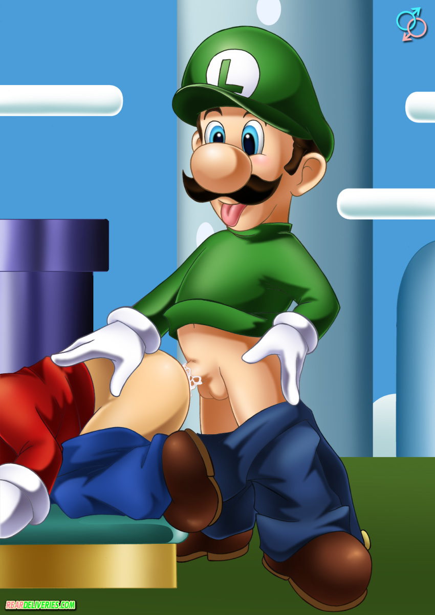 anal brothers doggy_position gloves incest luigi mario pants_down penis rear_deliveries super_mario_bros. testicles tongue tongue_out yaoi