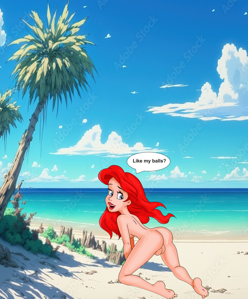 1futa ai_generated ass back_view backsack beach blue_eyes blue_sky bush clouds covered_nipples disney edit enticing futa futa_only futanari lipstick long_hair looking_back nude obscured_penis ocean on_fours outside palm_tree presenting princess_ariel question red_hair rock sand scrotum sexy solo_futa speech_bubble talking_to_viewer the_little_mermaid tree vector_trace wood